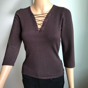 Express Brown Lace-Up V-Neck lightweight sweater blouse